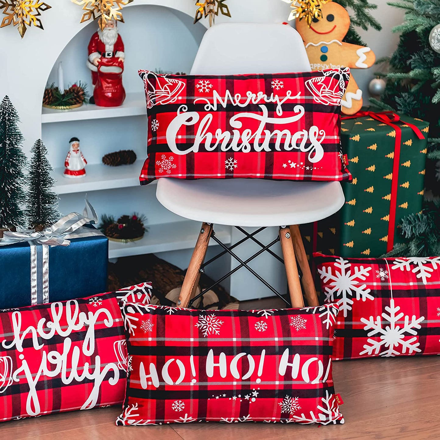 Set of 4 Christmas Plaid Pillowcases, 12"x20"