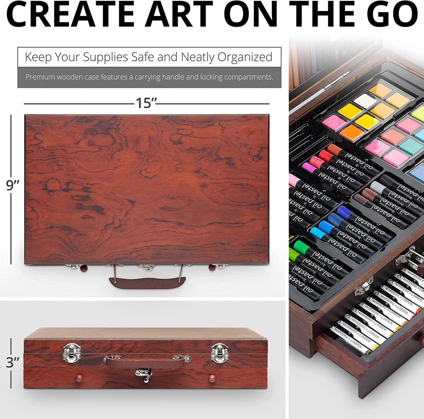 Art supplies set in wooden box