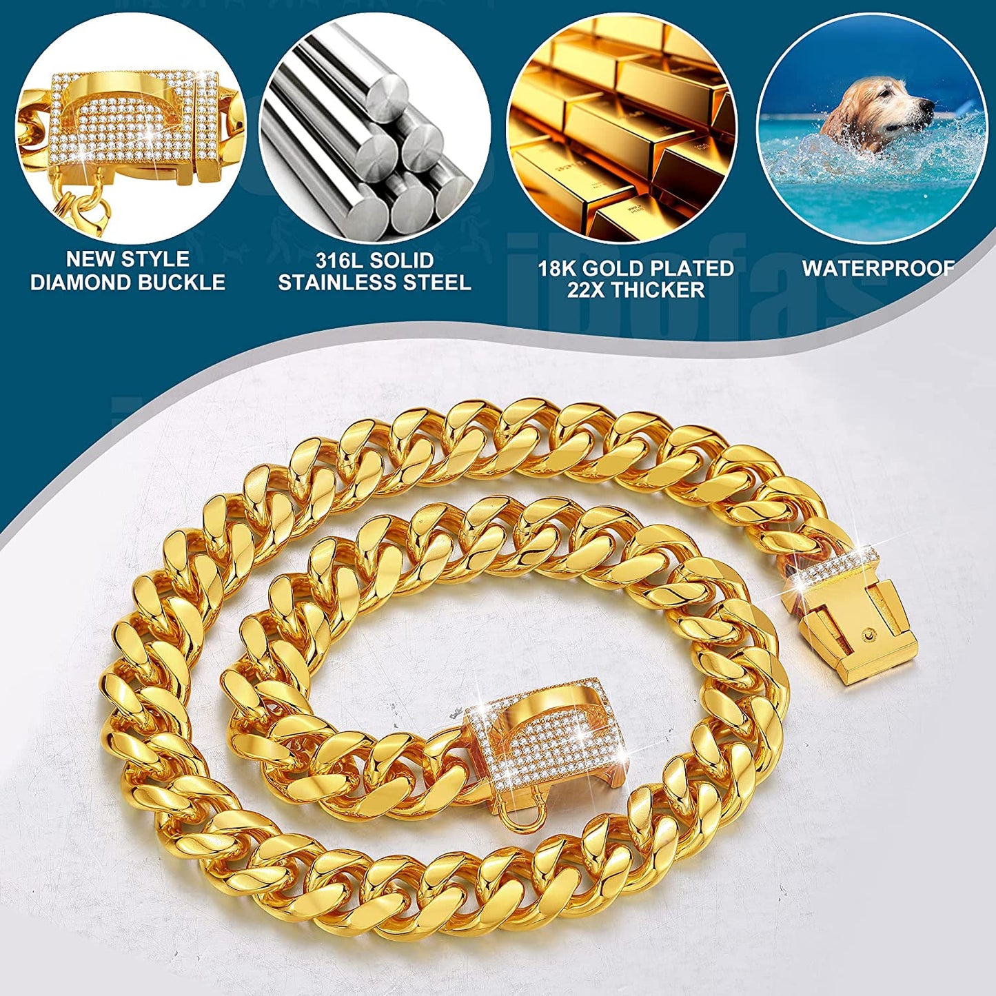 18 karat gold Cuban chain. Width 14 mm with diamond buckle.