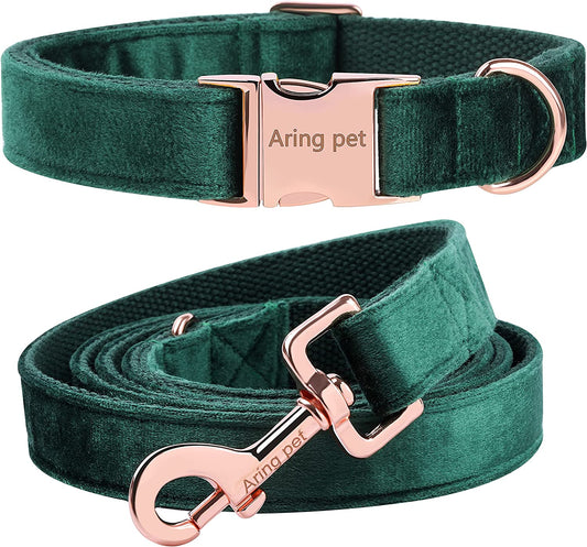 Velvet Pet Collar and Leash Set, Size l, Dark Green