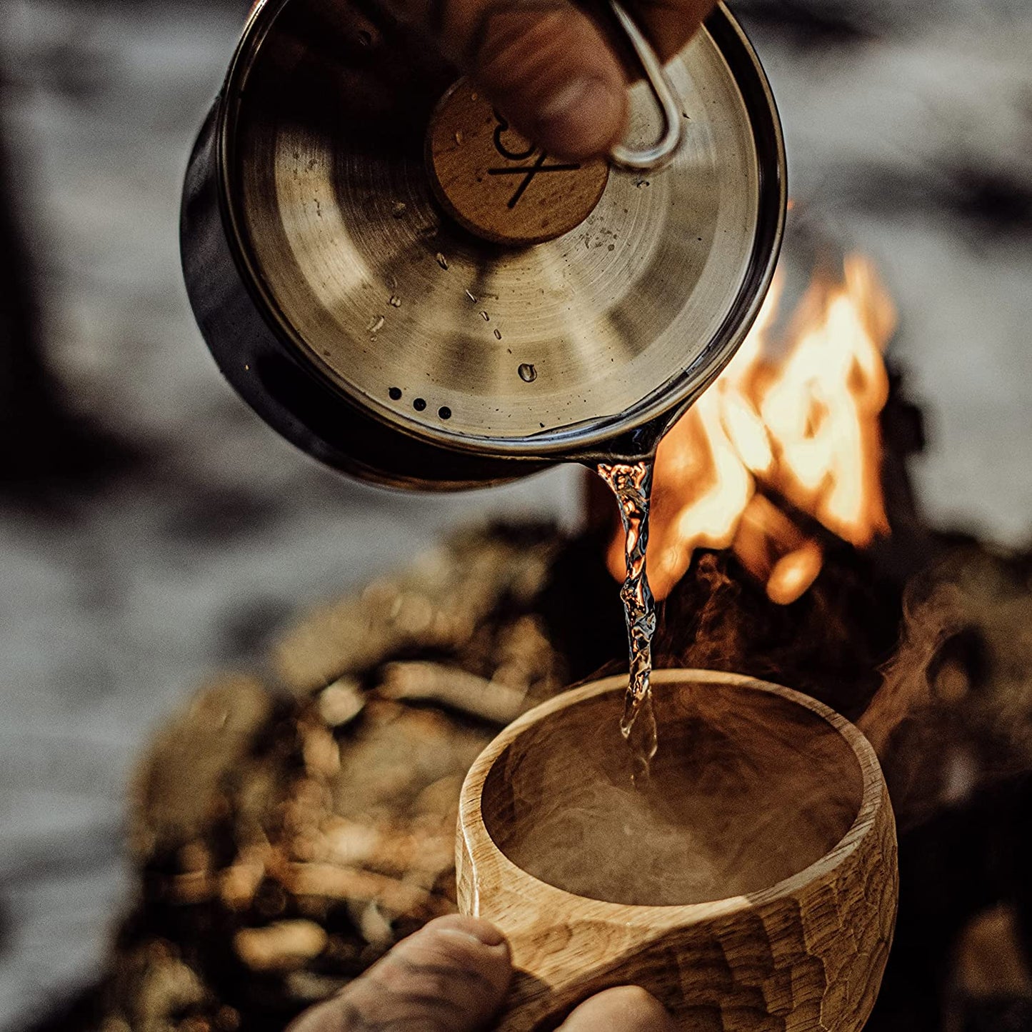 Stainless steel pot and wooden handle, with canvas bag