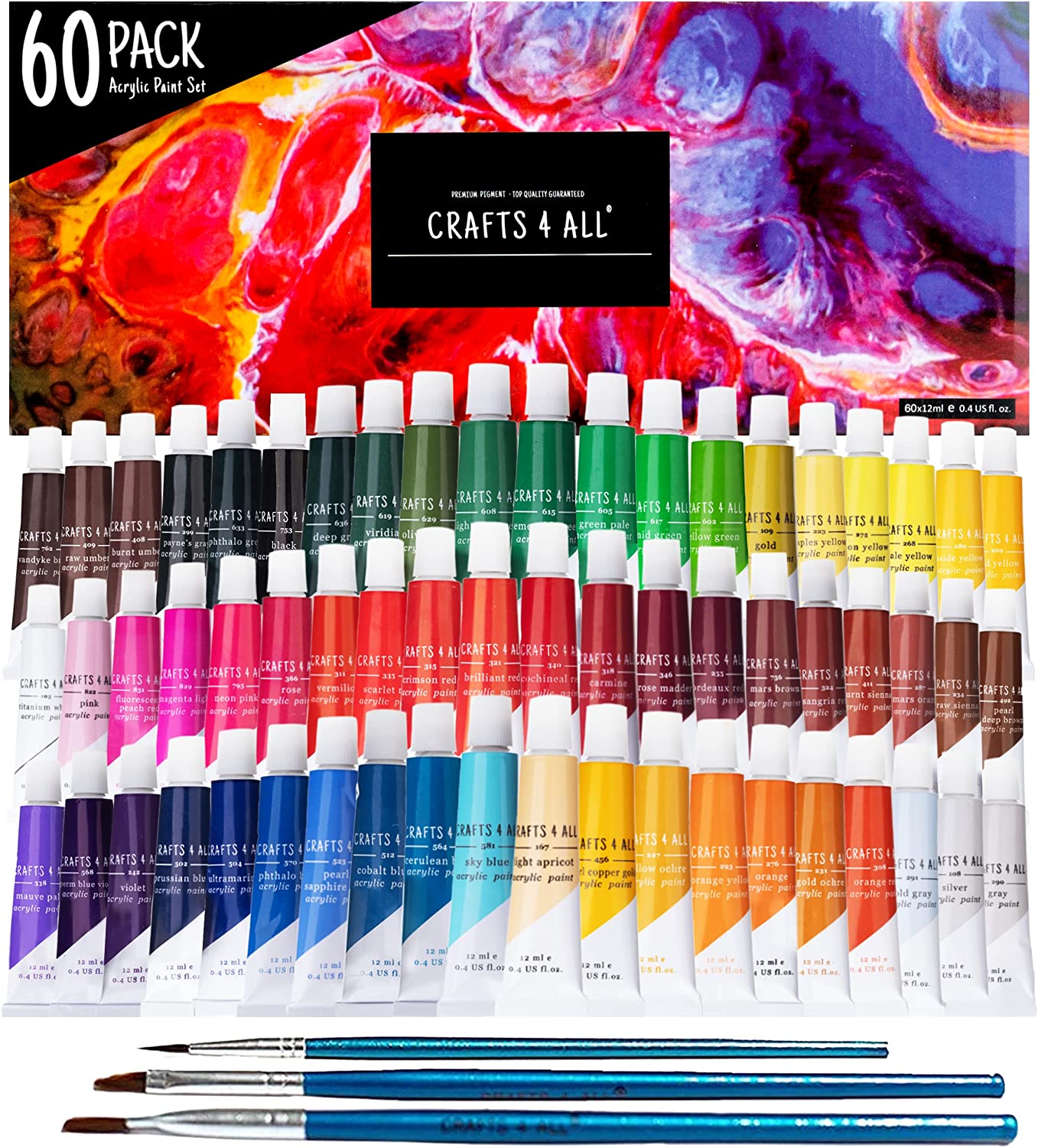 Pack of 60 12ml Art Paints for Canvas