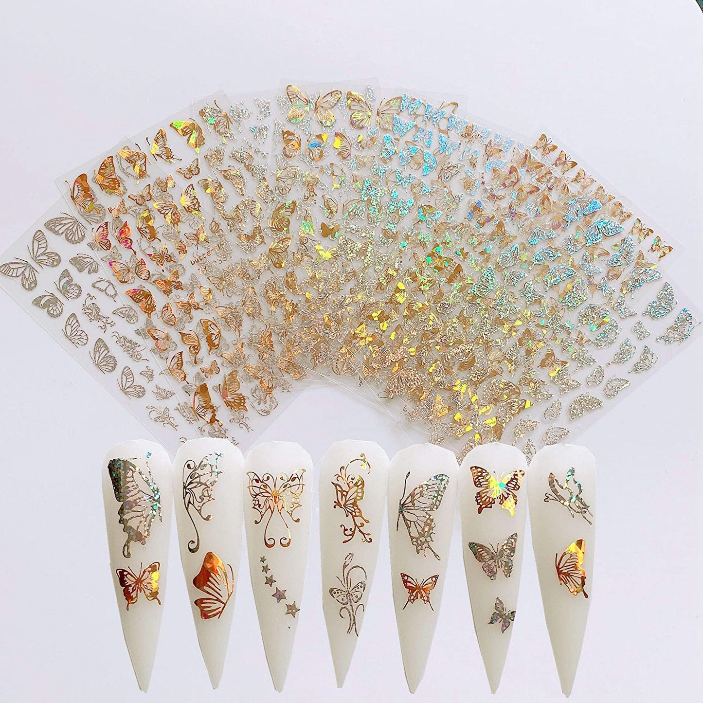 8 Sheet nail art stickers different butterfly shapes, color: gold