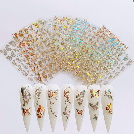 8 Sheet nail art stickers different butterfly shapes, color: gold