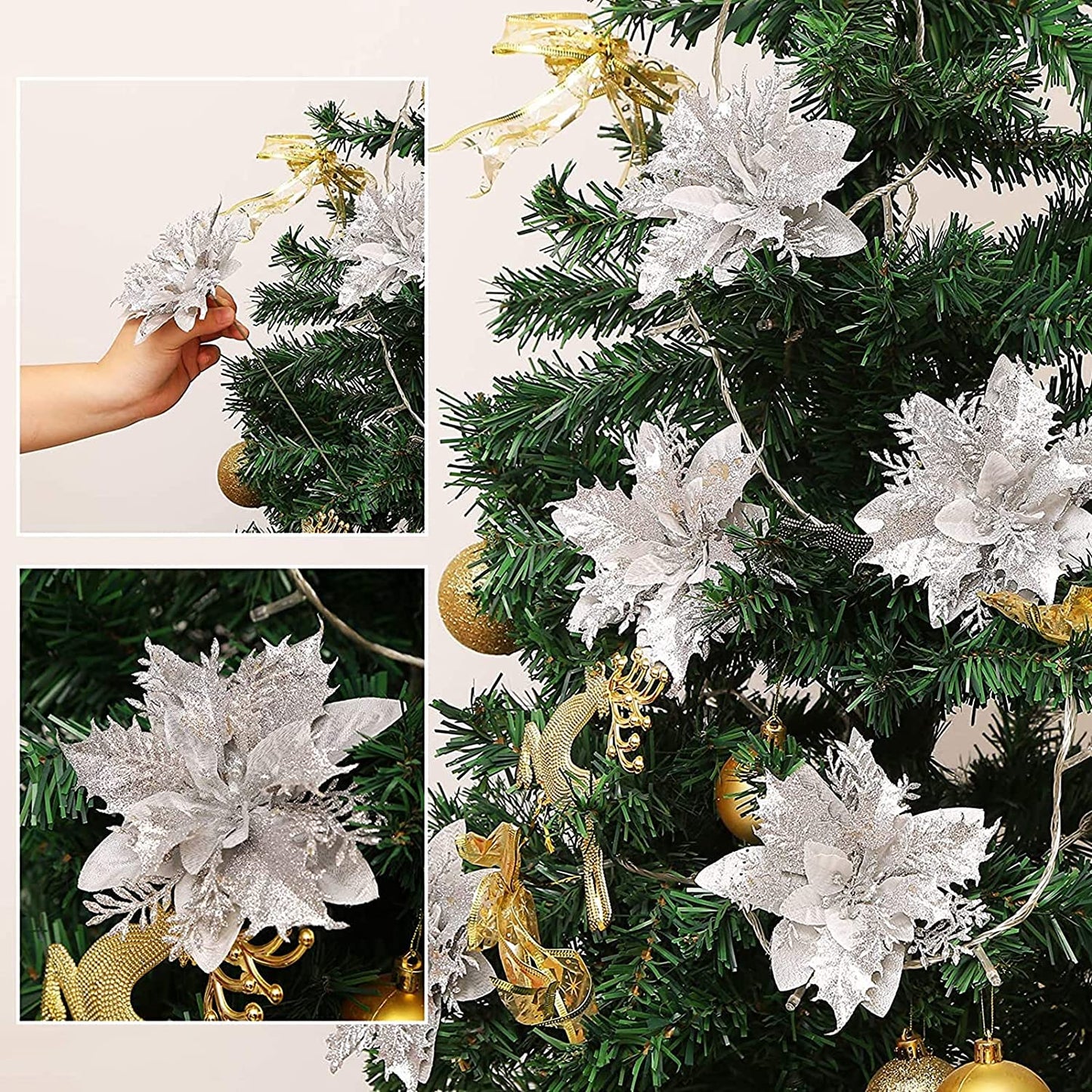 12 pcs 14 cm / 5.5 inches silver poinsettia Christmas flowers