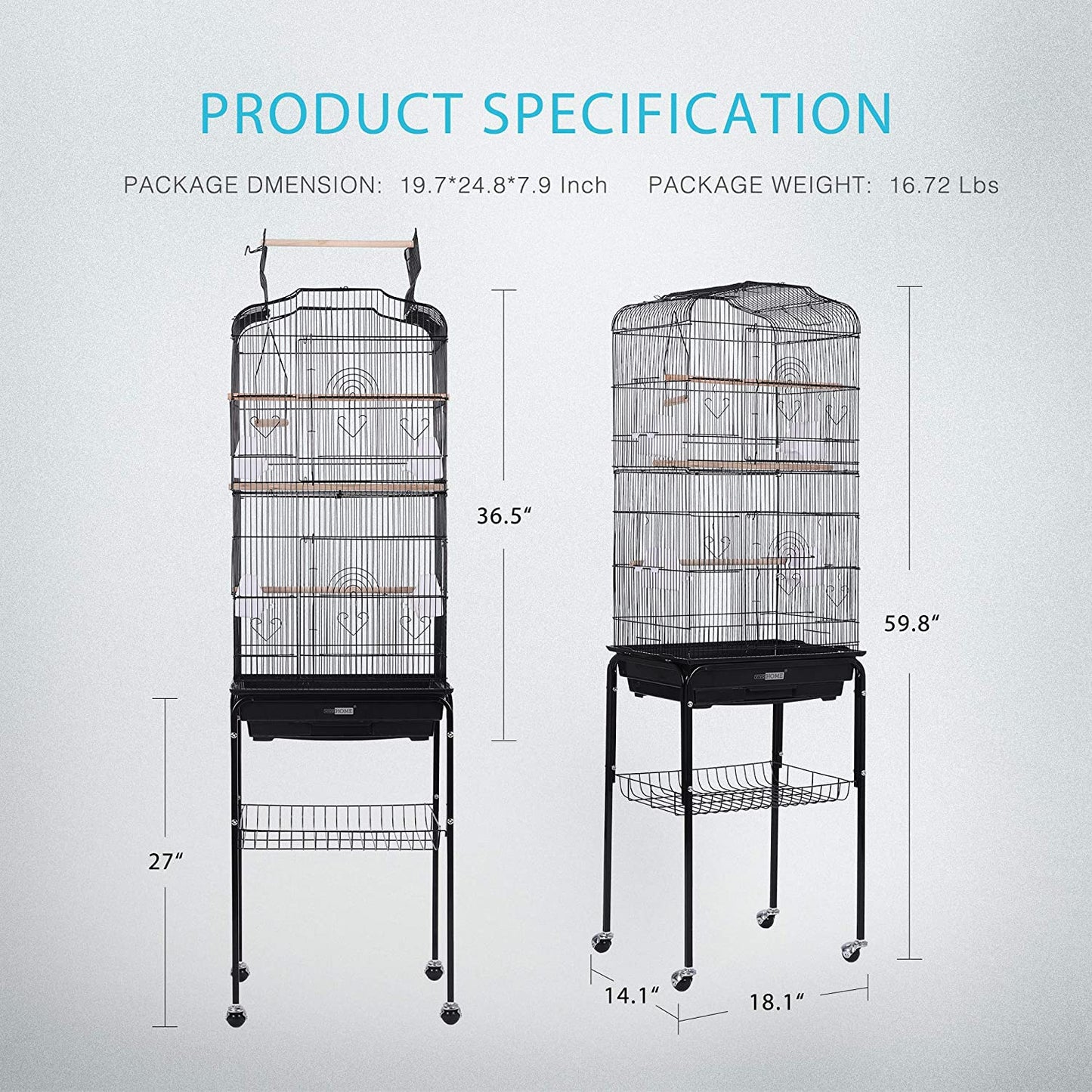 Wrought Iron Bird Cage, 18.1 x 14.1 x 59.8 inches