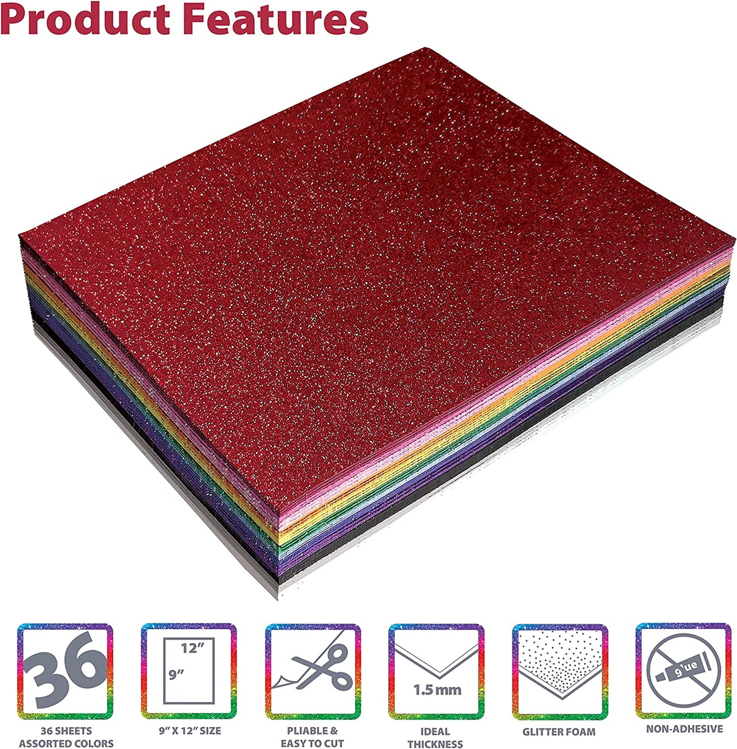 Pack of 36 Glitter Foam Sheets, 9" x 12", Assorted in 12 Colors