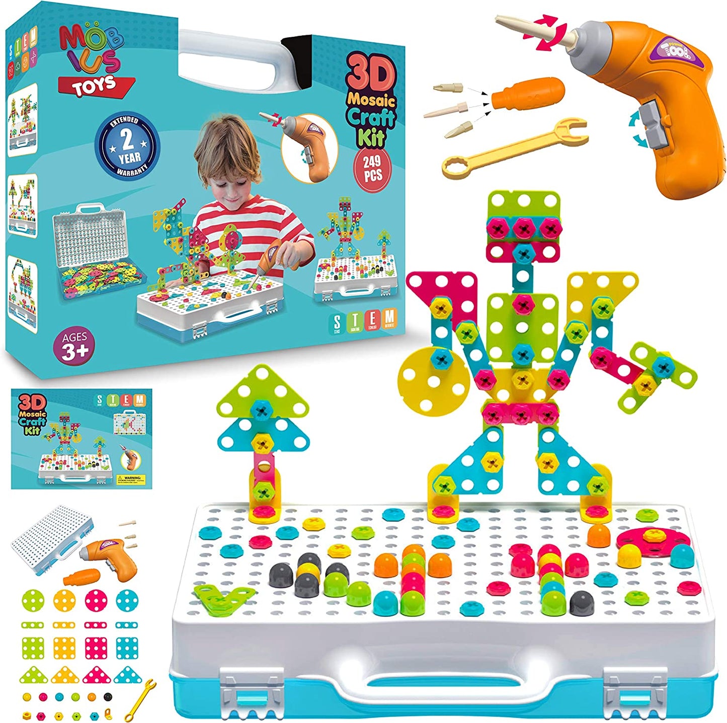 249 toy assembly pieces, 5 toy tools