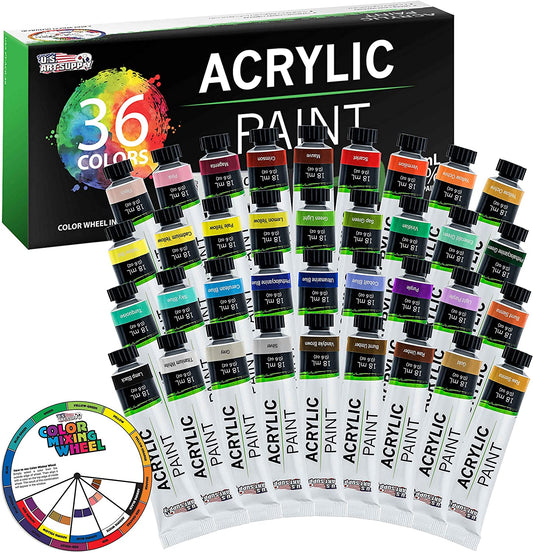 Professional set of 36 acrylic paint colors in large 18ml tubes