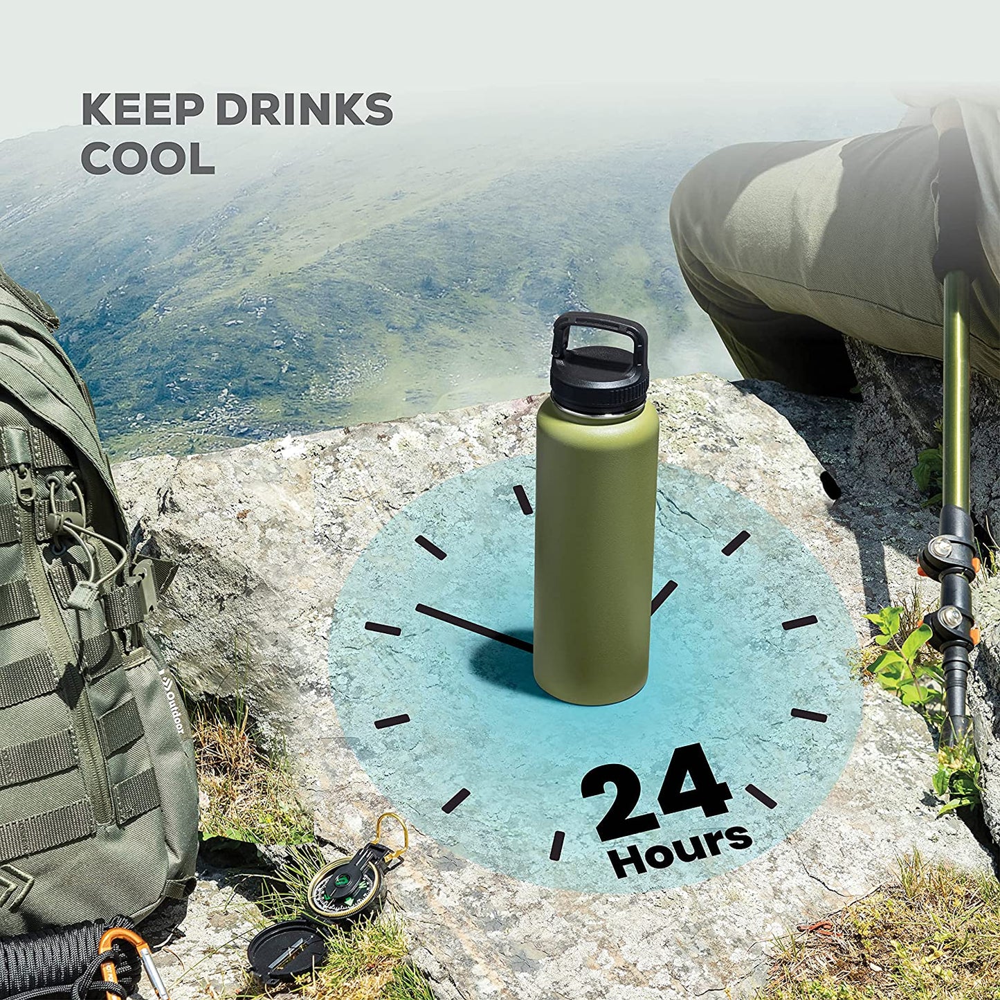 Insulated Water Bottle, 3 Lids - Olive Green (40oz)