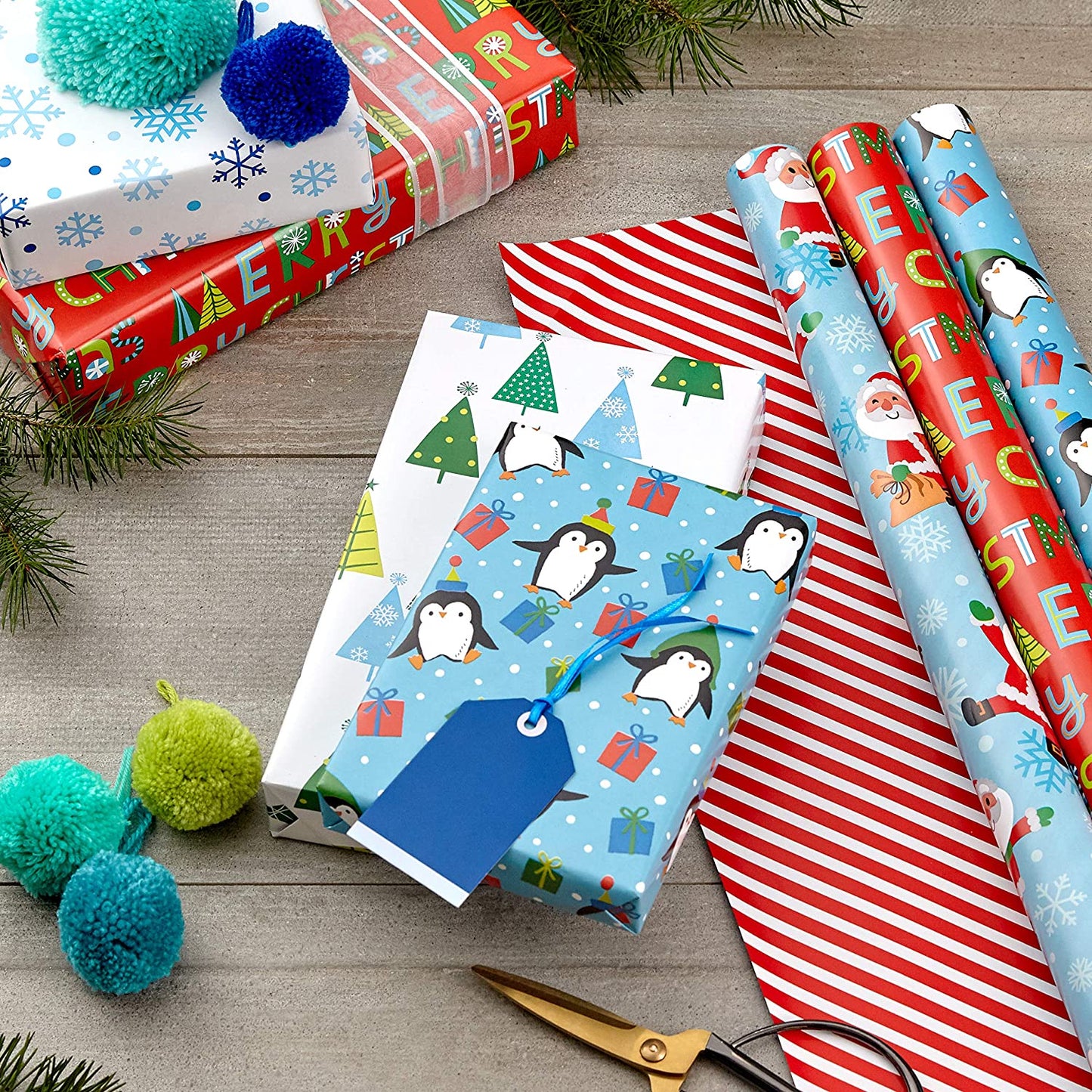 Cute Reversible Christmas Wrapping Paper (3 Rolls: 120 Sqft ttl)