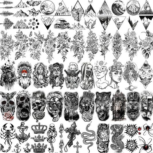 52 Sheets Black Skull Temporary Tattoos