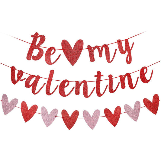 Be My Valentine Banner with Red Glitter and Heart Garland