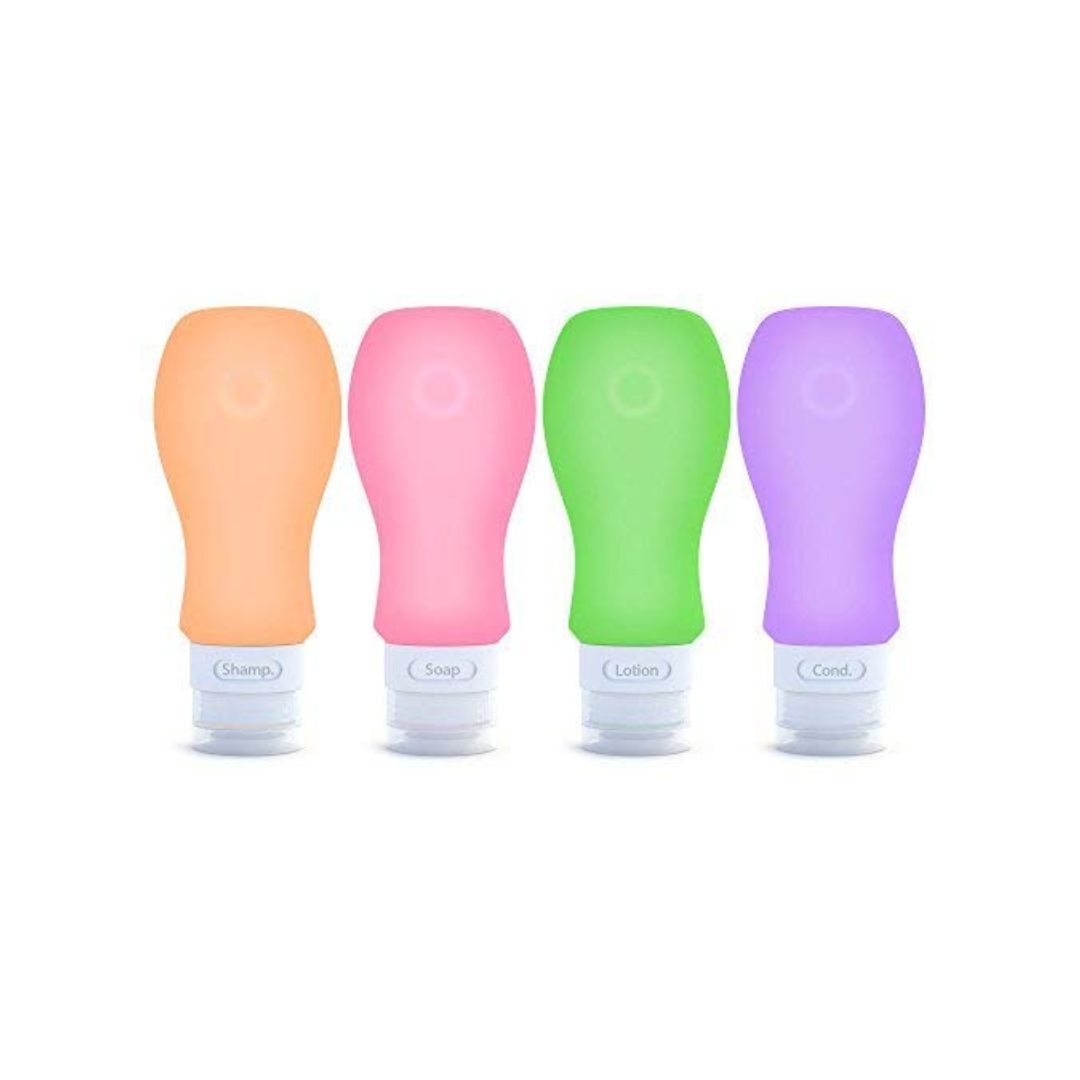 4 silicone travel bottles, purple/pink/green/orange, 3 oz,