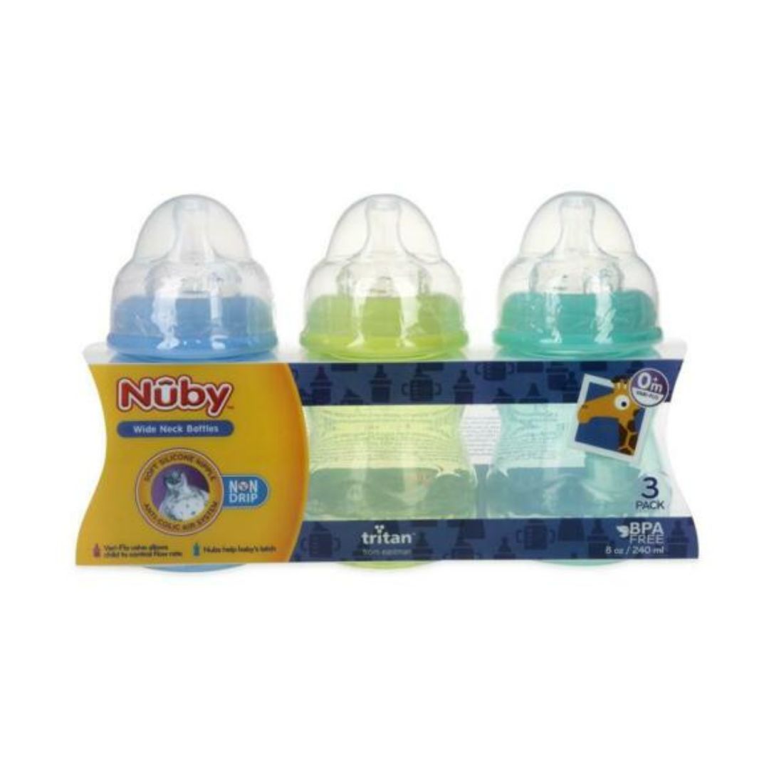 Leak-Free Wide Neck Baby Bottles 3-Pack, Color: Aqua/Yellow/Blue