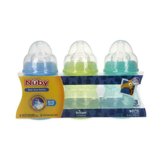 Leak-Free Wide Neck Baby Bottles 3-Pack, Color: Aqua/Yellow/Blue