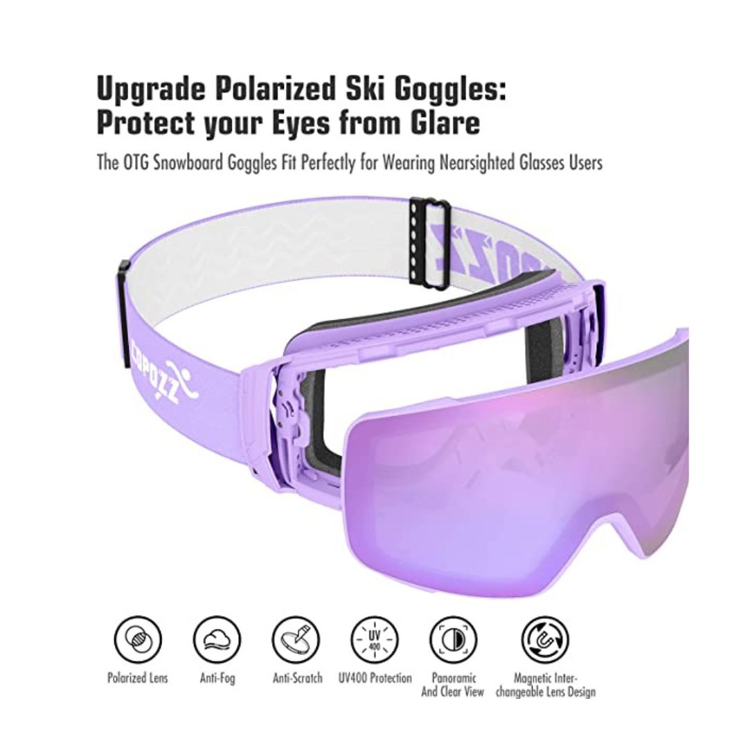 Set of polarized, magnetic ski goggles UV protection, Purple