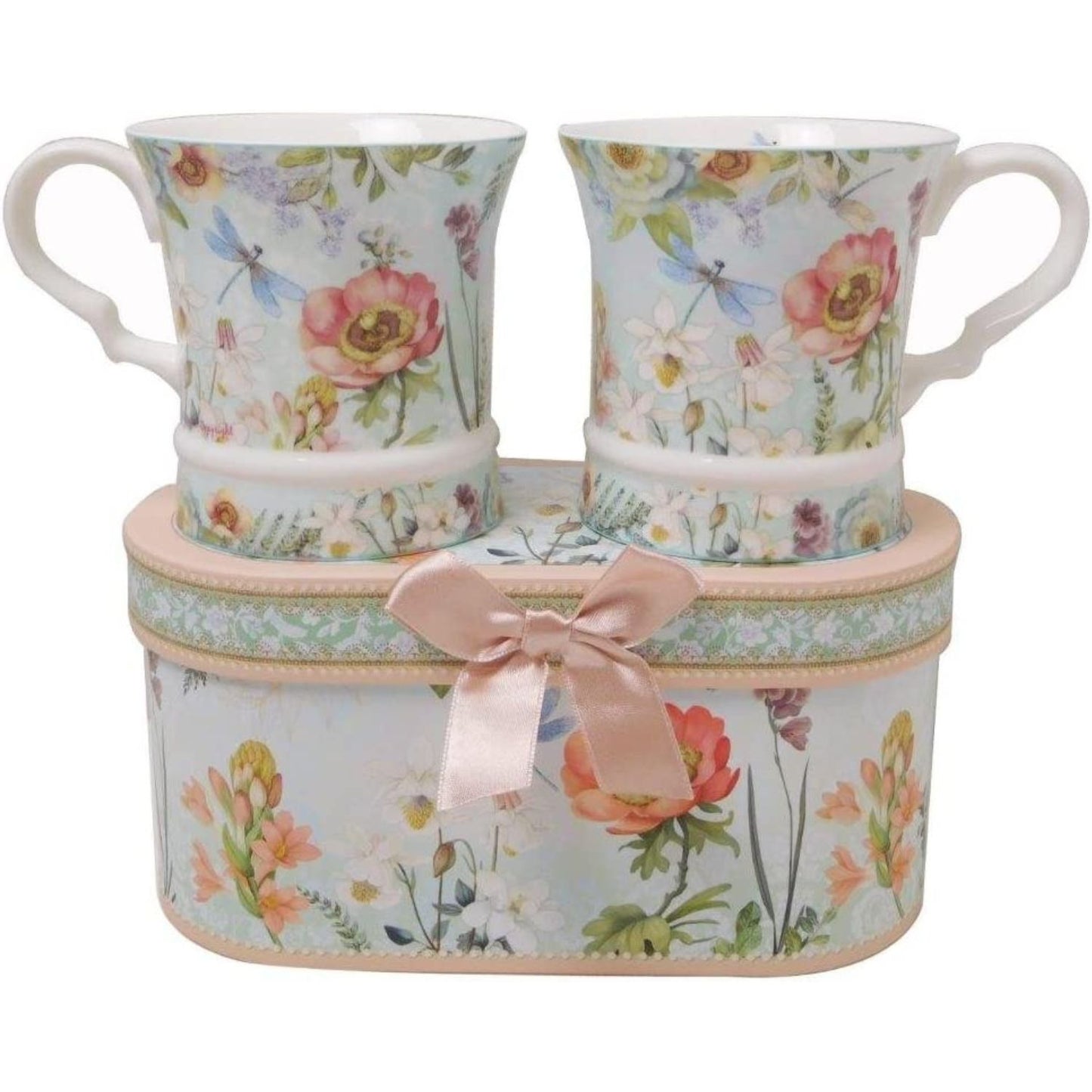 Elegant Unique Set of Two Porcelain Teacups, 10 oz