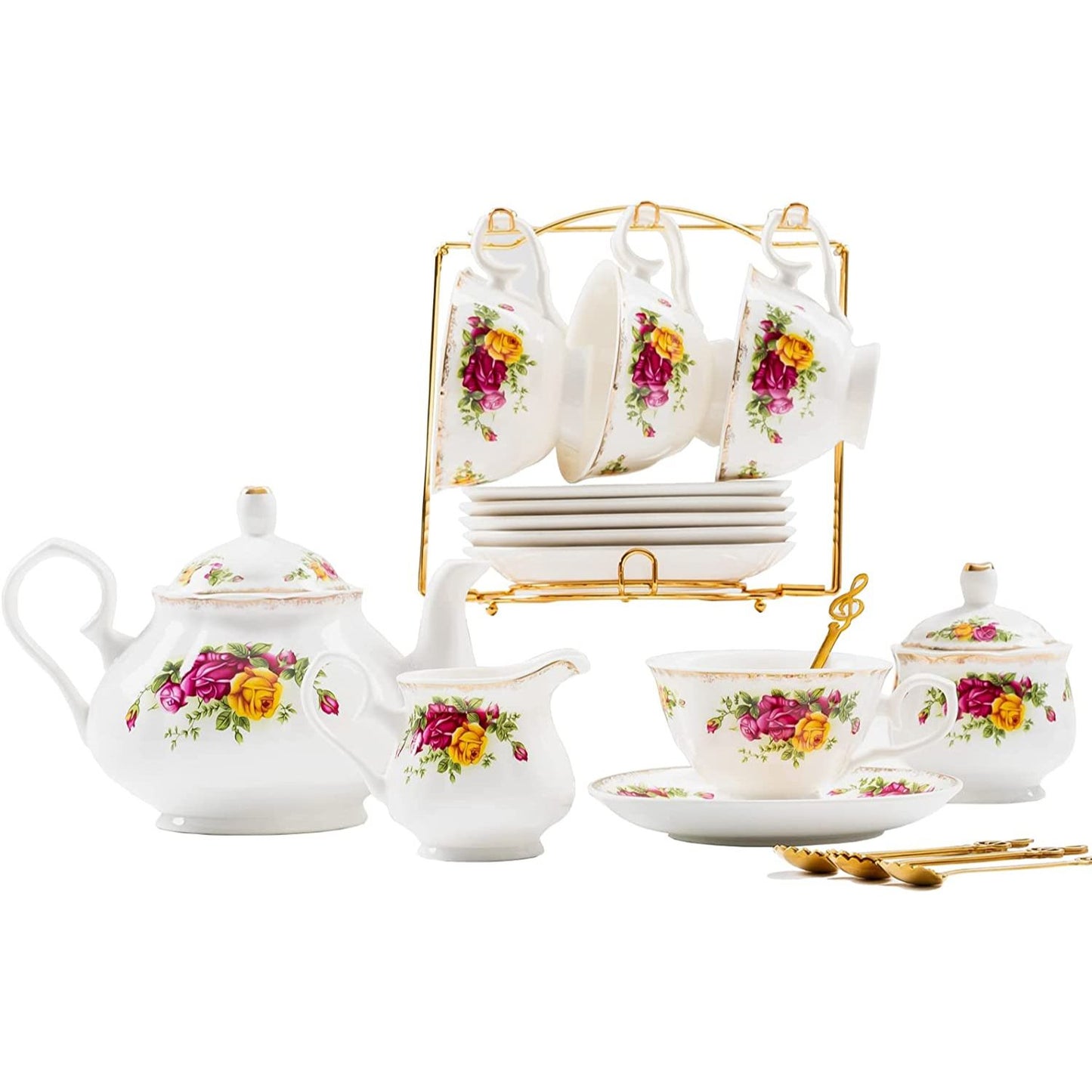 22-Piece Porcelain Tea Set (Pink Flowers)