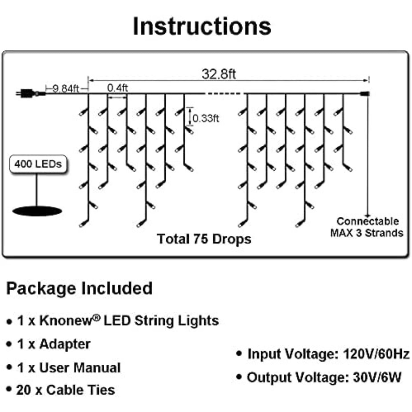 Christmas lights for decoration, 400 LED, 33 feet, Cool White