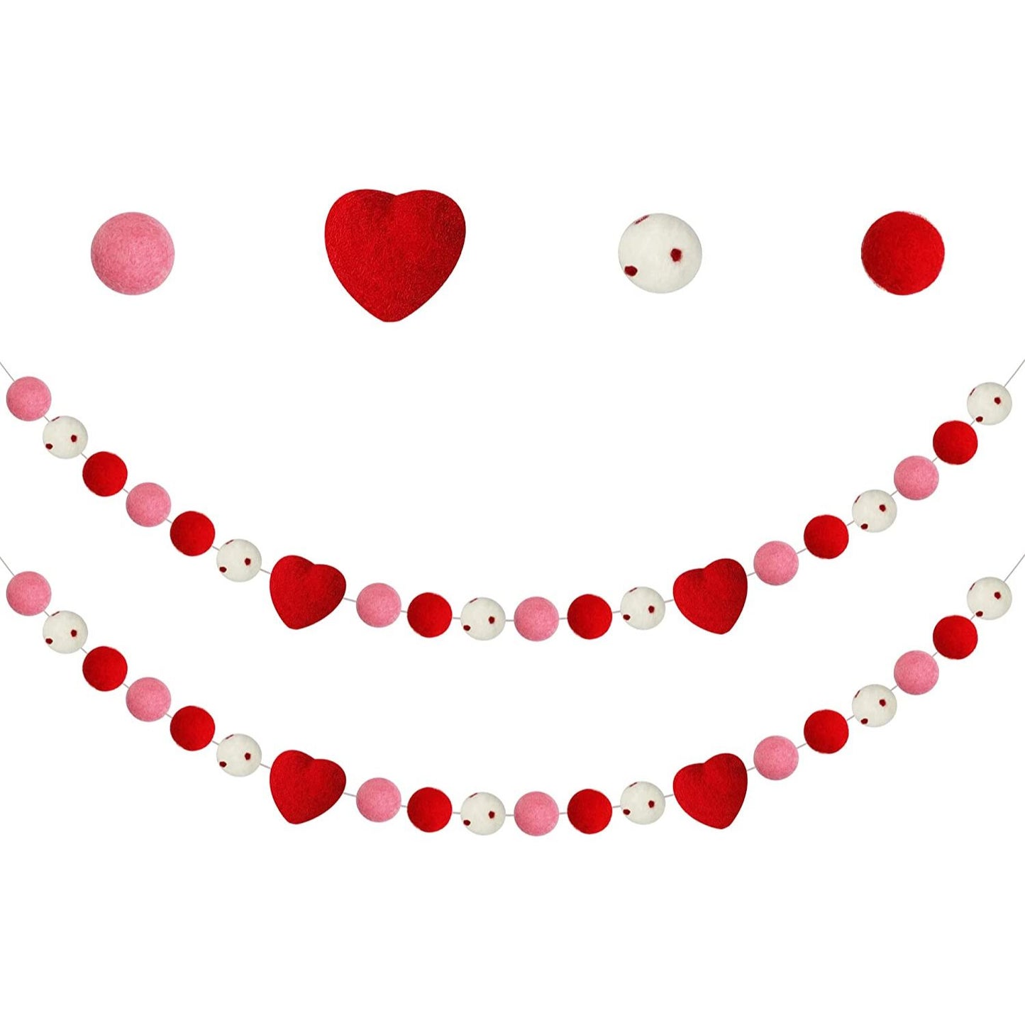 2 garlands of felt balls for Valentine's Day with a red heart