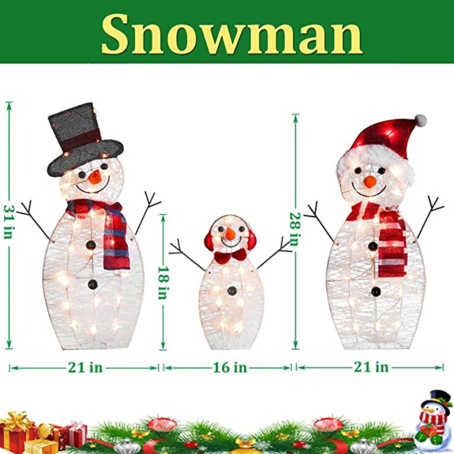 Set of 3 snowman Christmas decorations for outdoor use