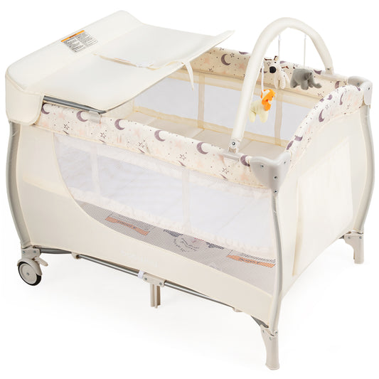 3-in-1 folding crib with bassinet for baby, color: beige