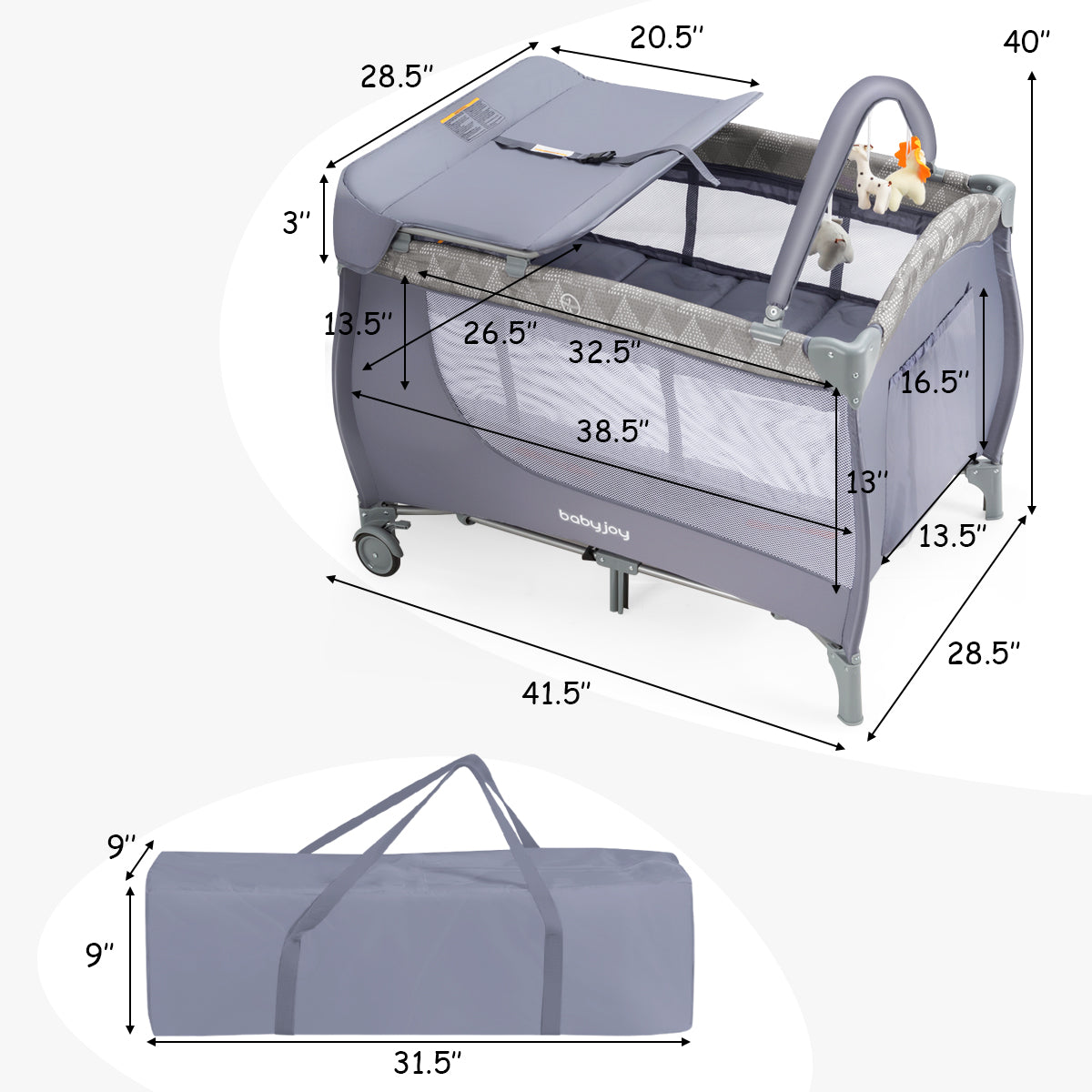 3-in-1 folding crib with bassinet for baby, color: gray