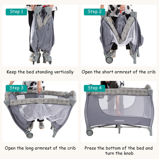 3-in-1 folding crib with bassinet for baby, color: gray