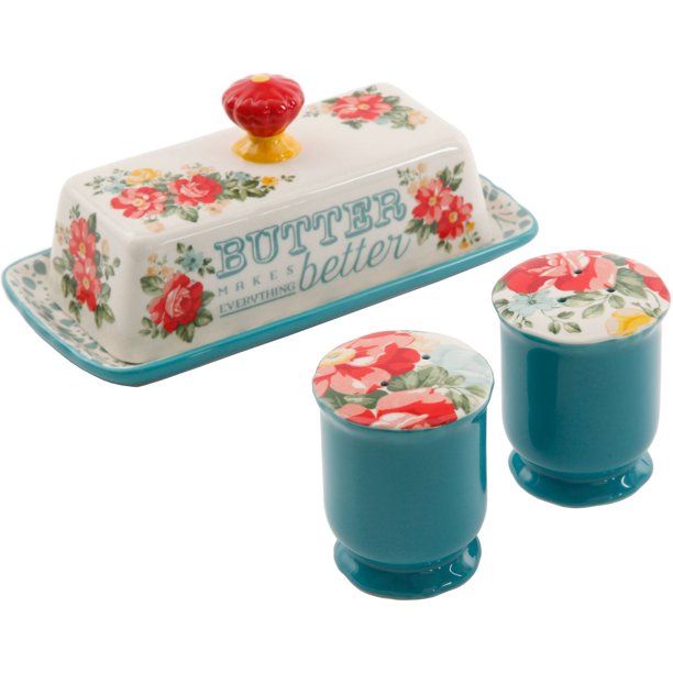 Vintage Floral Salt, Pepper and Butter Dish Set