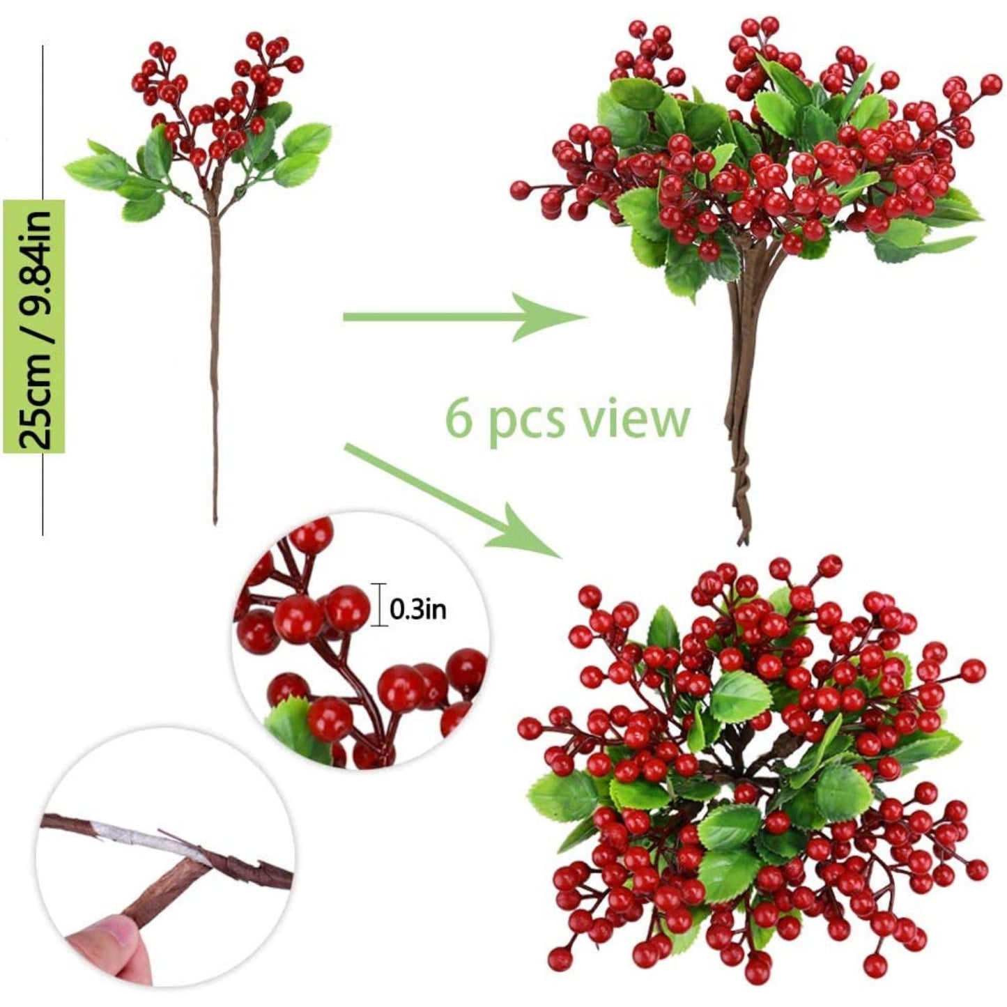 6 Pack Christmas Picks, Artificial Red Berry Stems