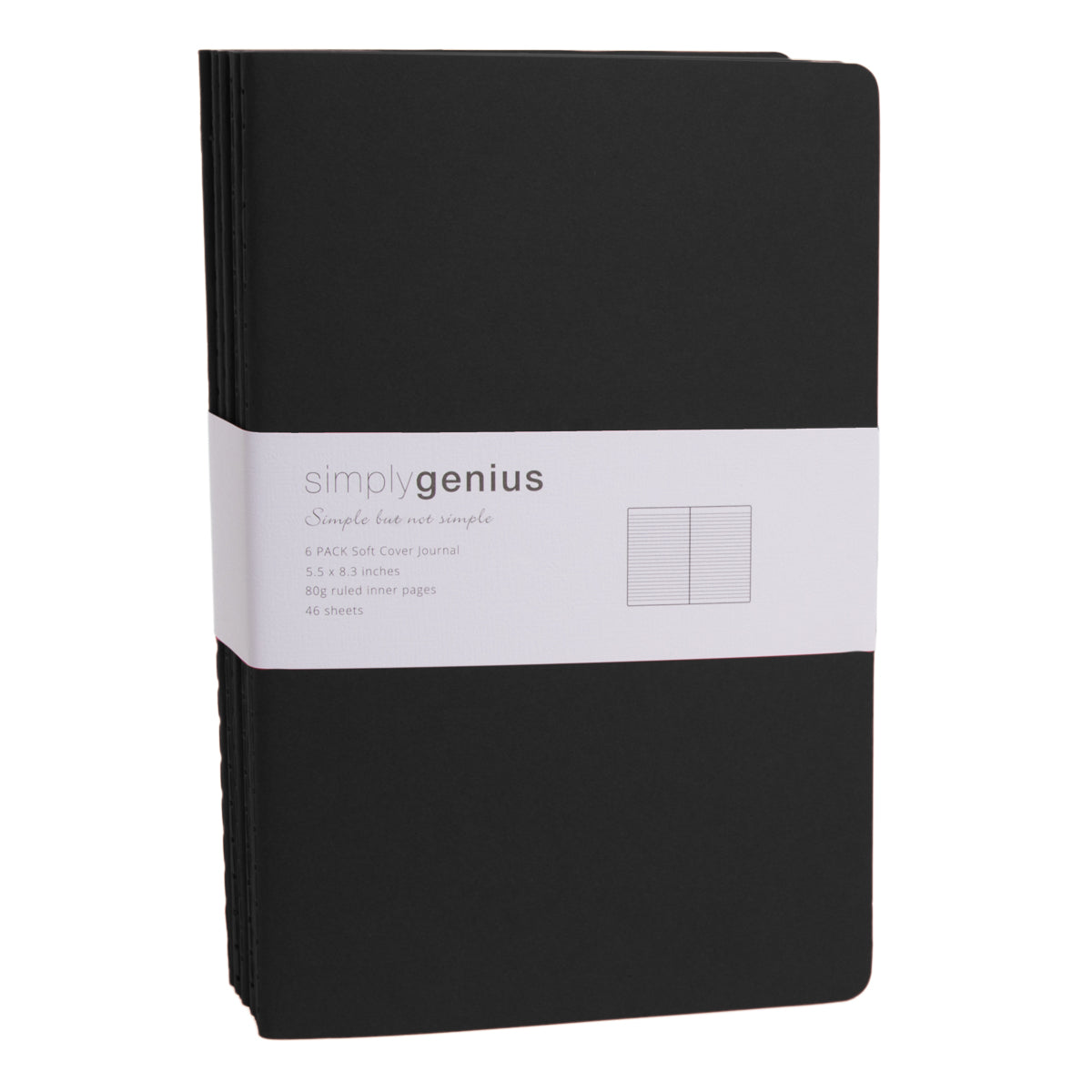 Pack of 6 Soft Cover Notebooks, A5, 5.5" x 8.3" (Colour: Black)