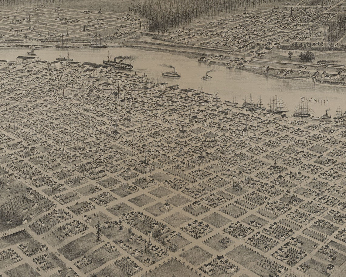 Portland oregon 1880 bird's eye view map fine art print