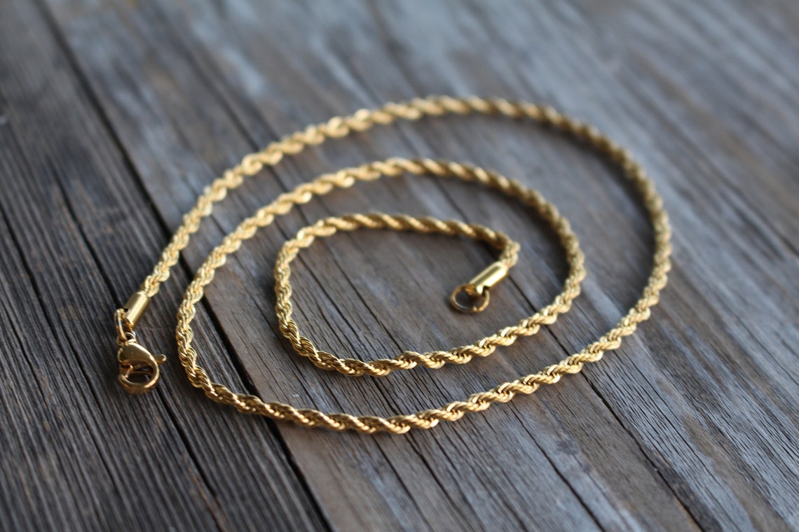 Gold plated rope chain necklace, 2mm 4mm thick