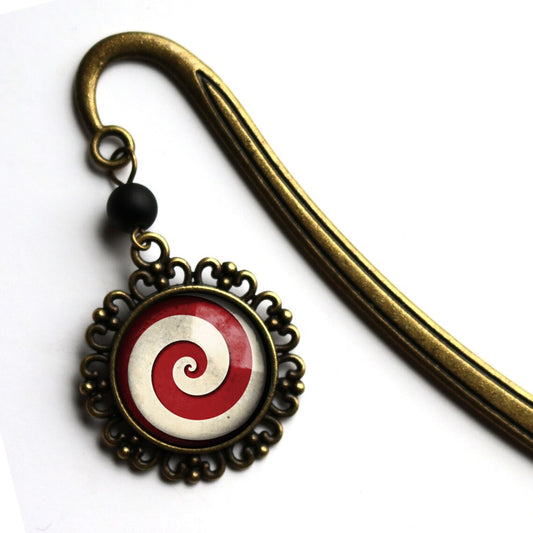 Brass Book Hook with Glass Cabochon (Mint Red and White Spiral)