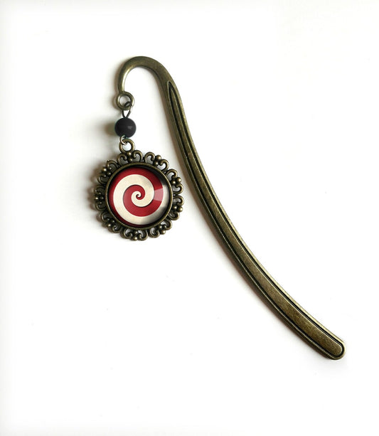 Brass Book Hook with Glass Cabochon (Mint Red and White Spiral)