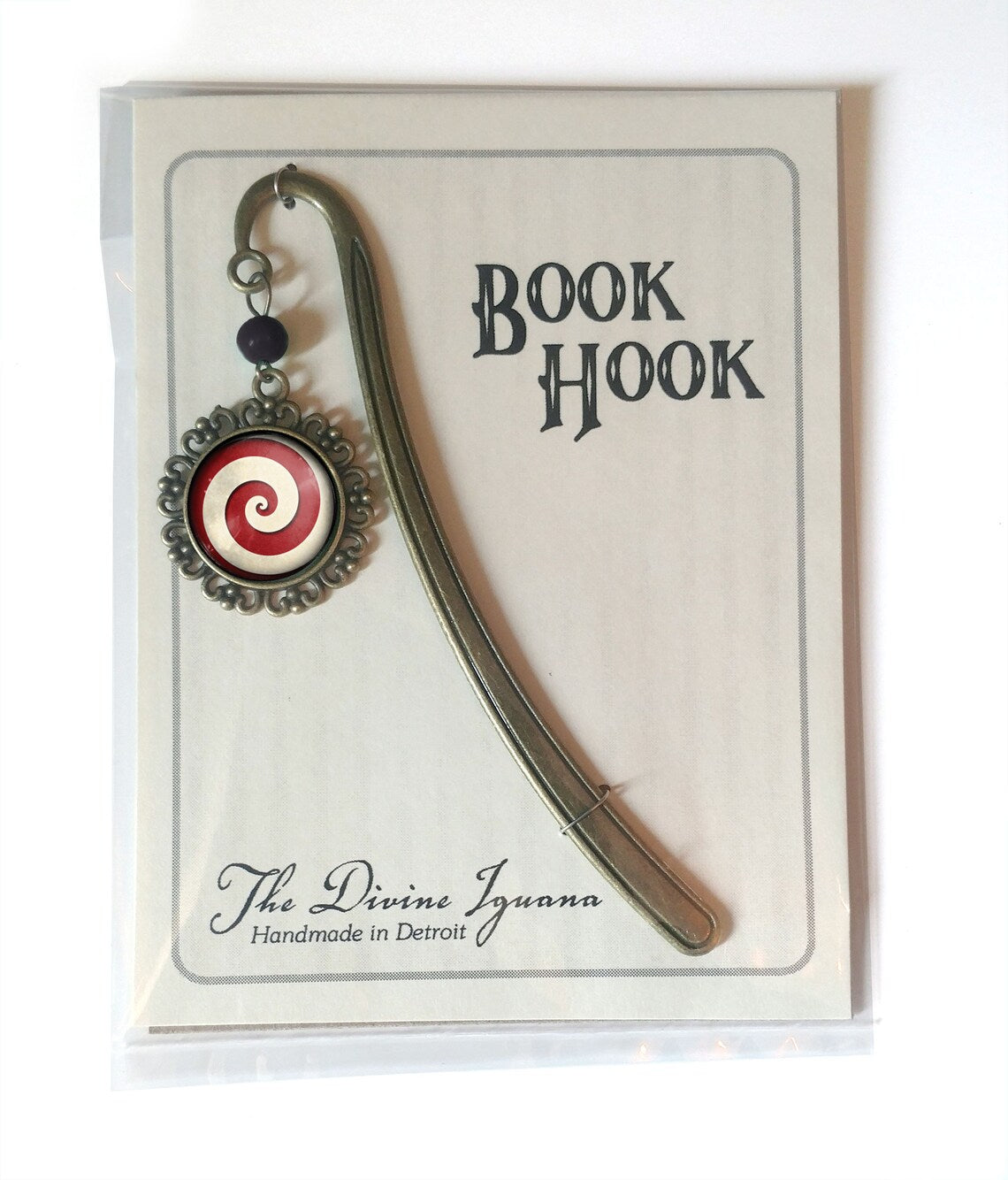 Brass Book Hook with Glass Cabochon (Mint Red and White Spiral)