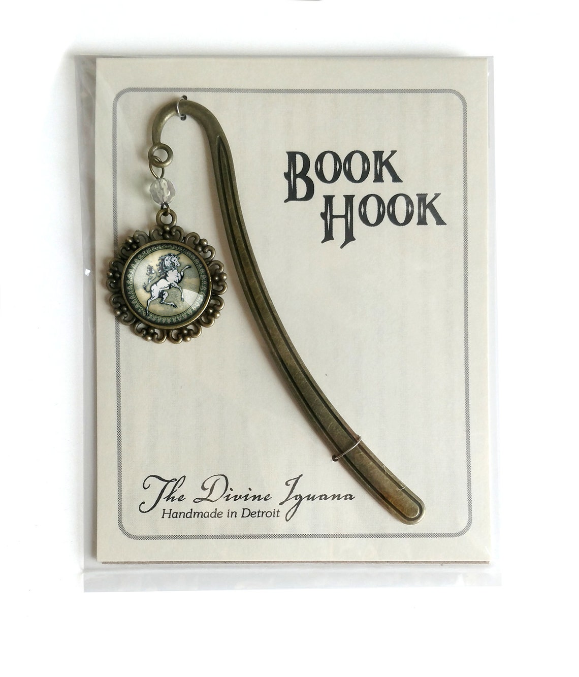 Brass Book Hook with Glass Cabochon (Unicorn)