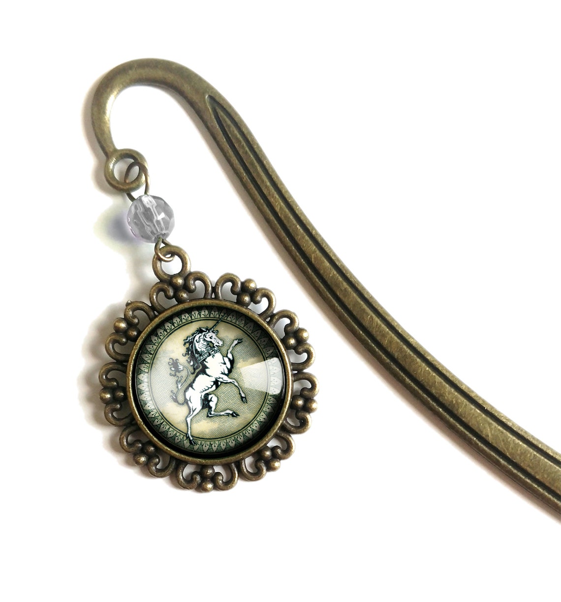 Brass Book Hook with Glass Cabochon (Unicorn)