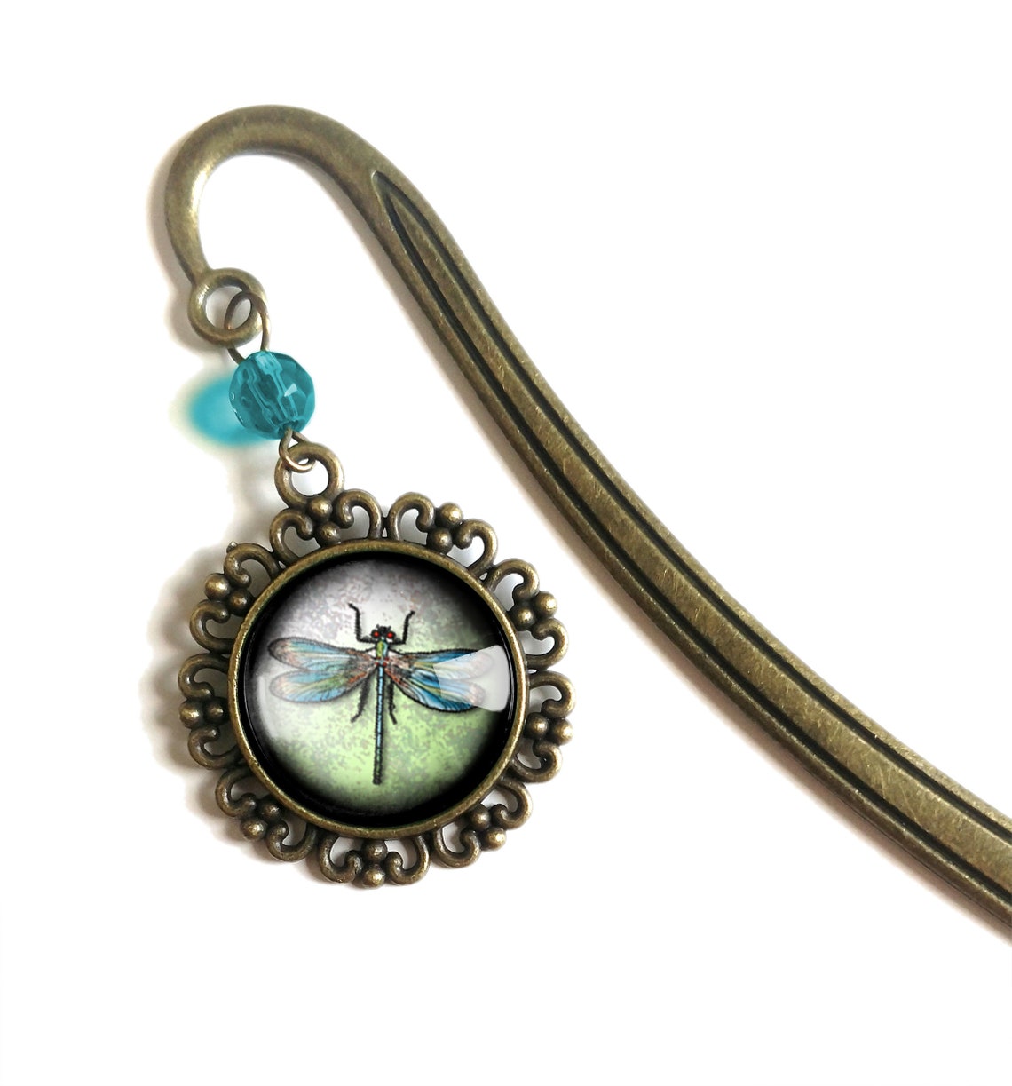 Dragonfly Glass Cabochon Brass Book Hook/Bookmark