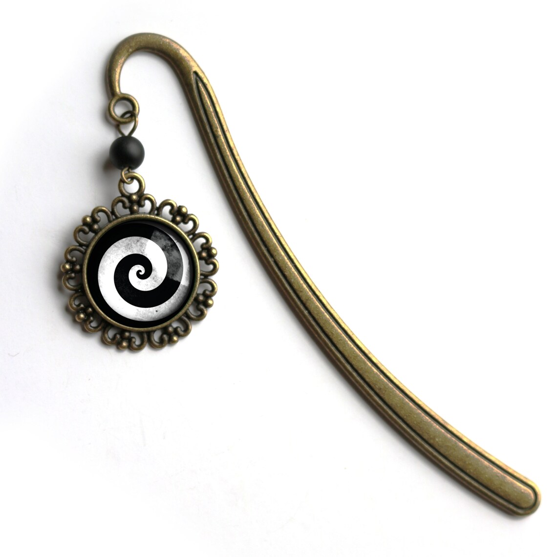 Black and White Spiral Glass Cabochon Brass Book Hook