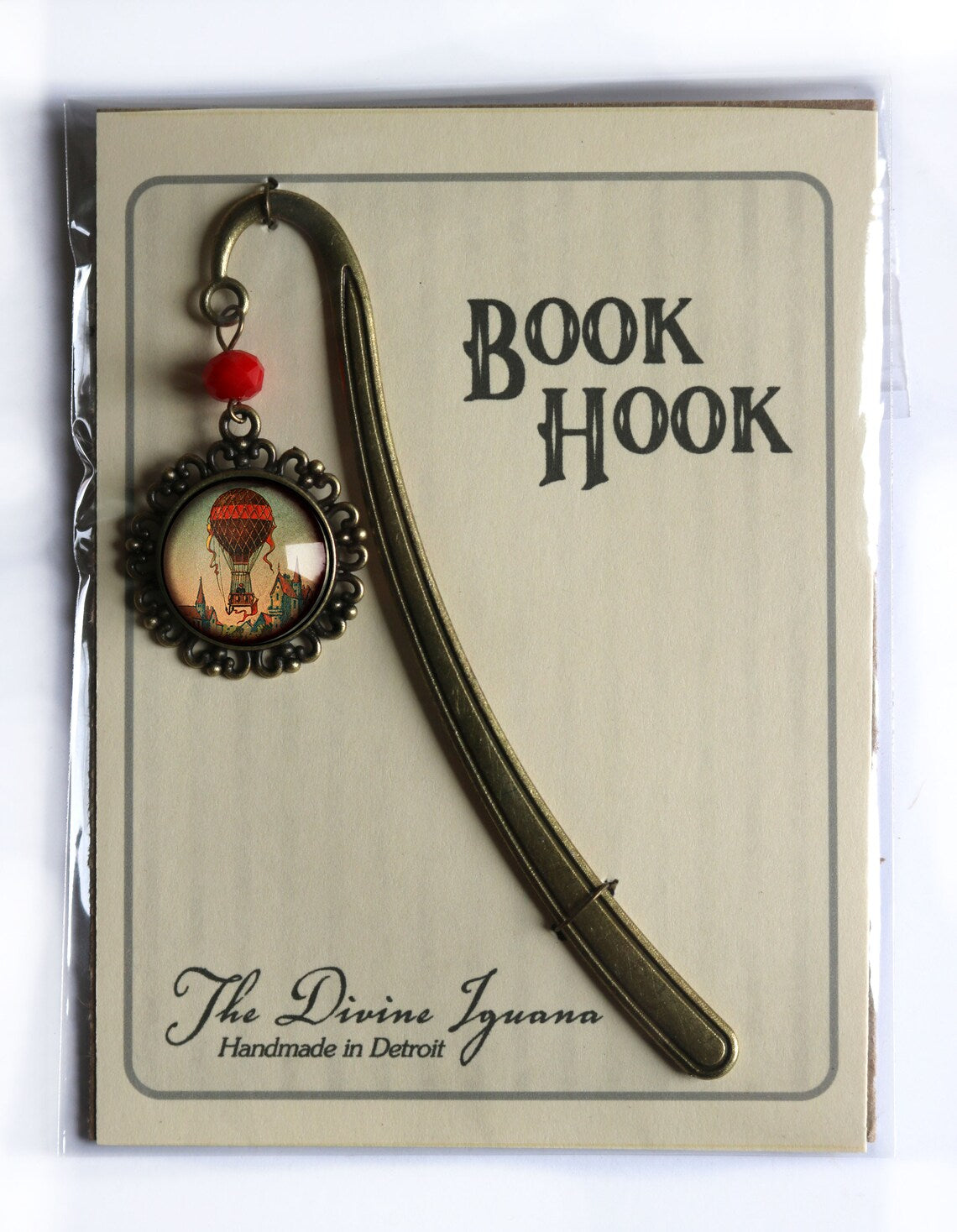 Brass Book Hook with Glass Cabochon (Hot Air Balloon)