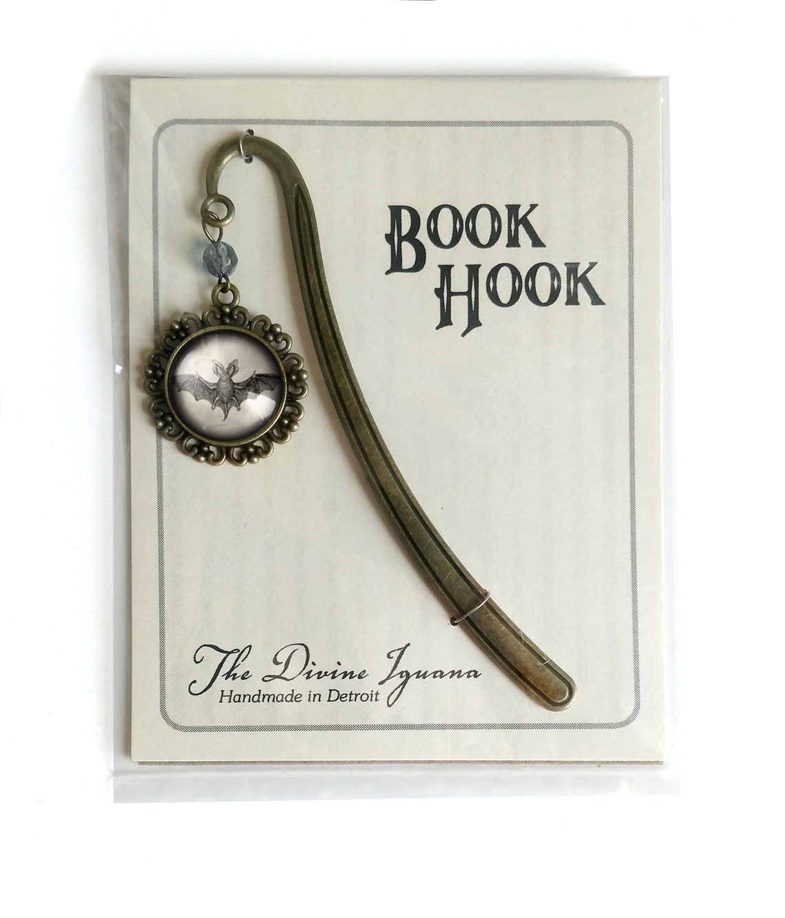 Brass Book Hook with Cabochon (Gothic Bat)