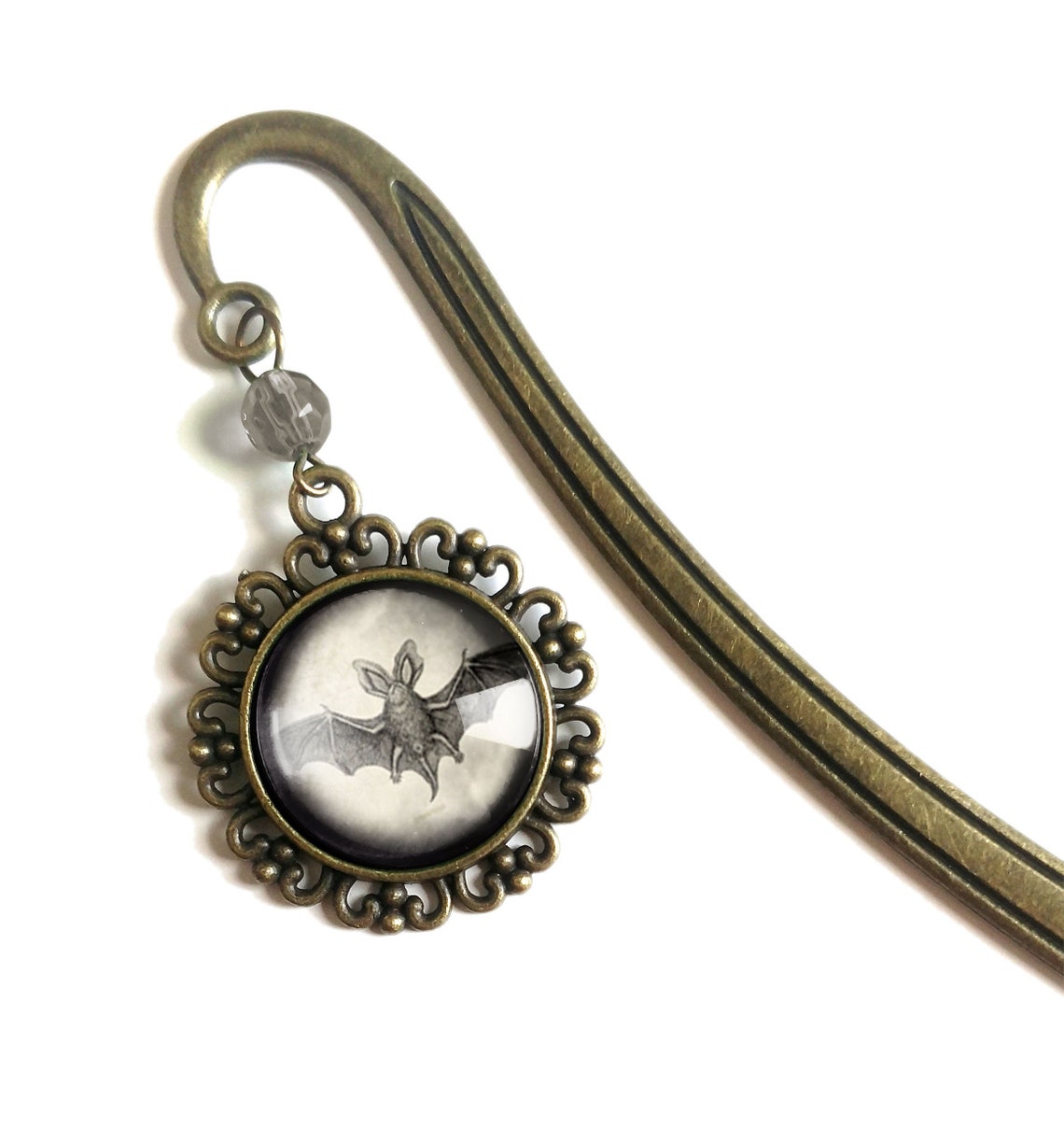 Brass Book Hook with Cabochon (Gothic Bat)