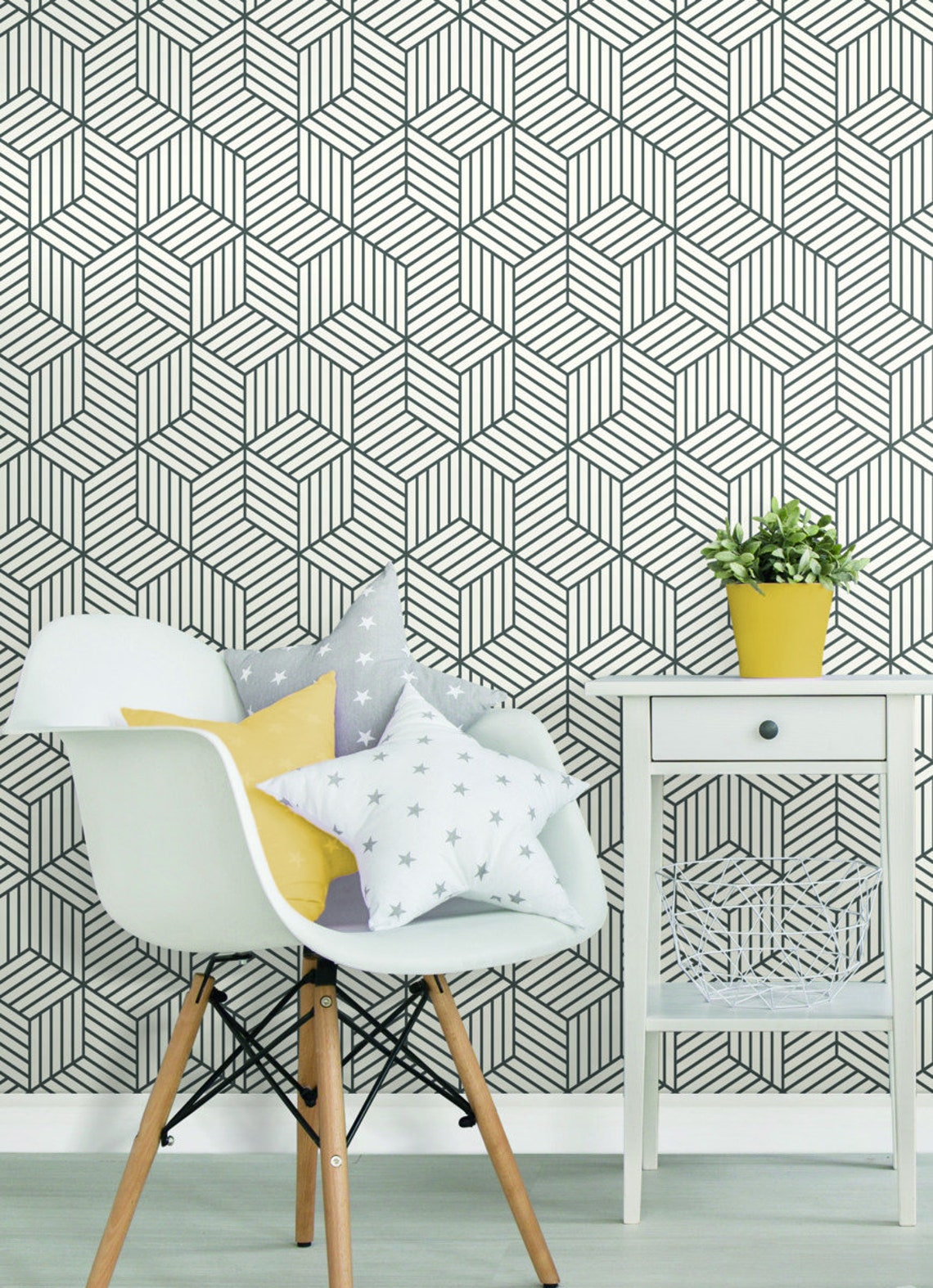 Black and White Hexagon Wallpaper (20.5 x 36 Inch Yard)