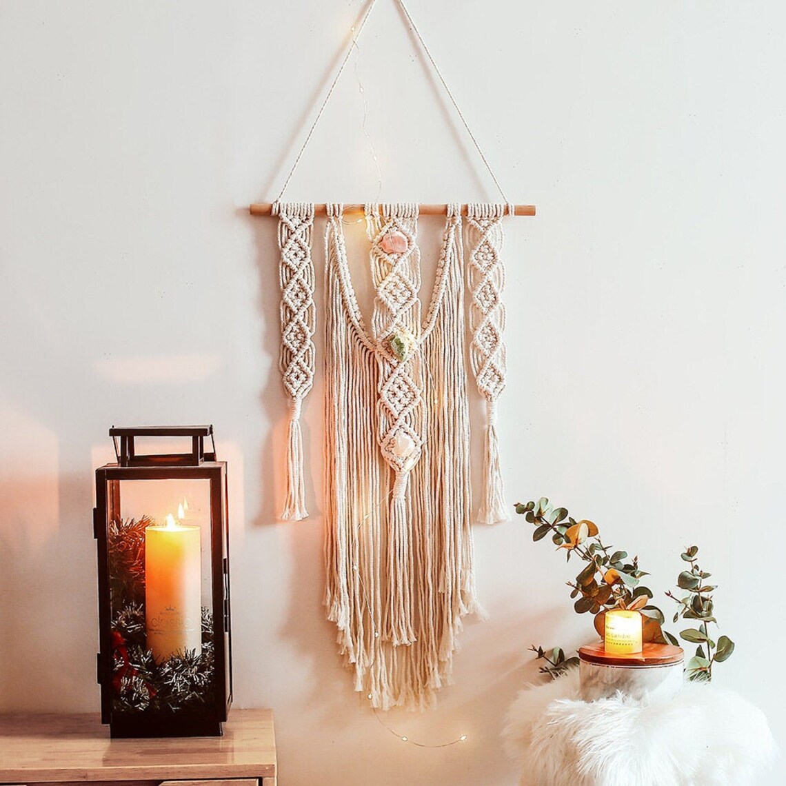 Large Crystal Macrame Tapestry Wall Hanging, no ligths