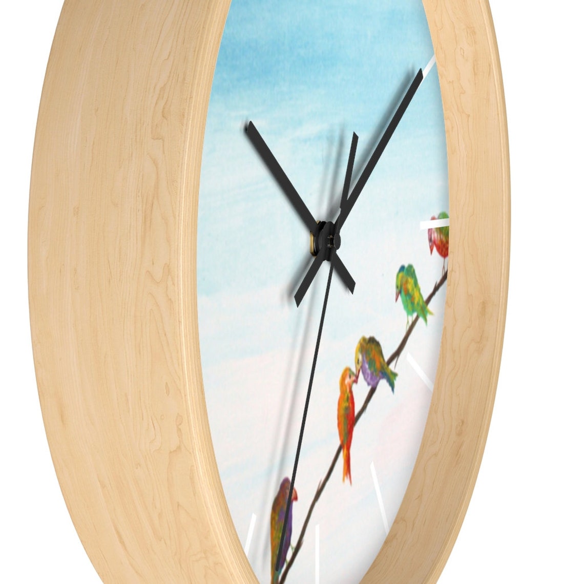 Painted bird and flower clock, woonde