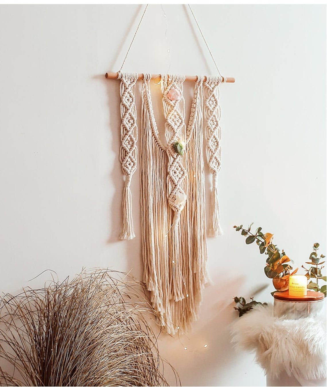 Large Crystal Macrame Tapestry Wall Hanging, no ligths