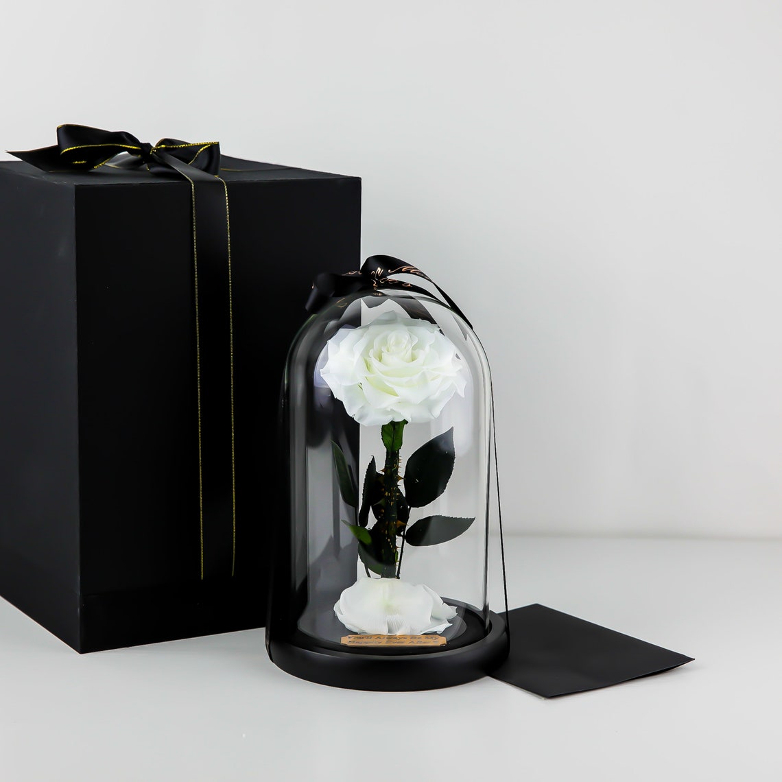 Real rose preserved in glass dome, White, Valentine's gift