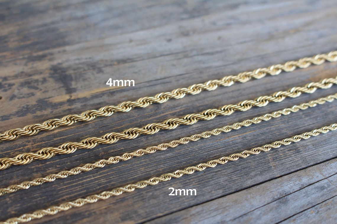 Gold plated rope chain necklace, 2mm 4mm thick